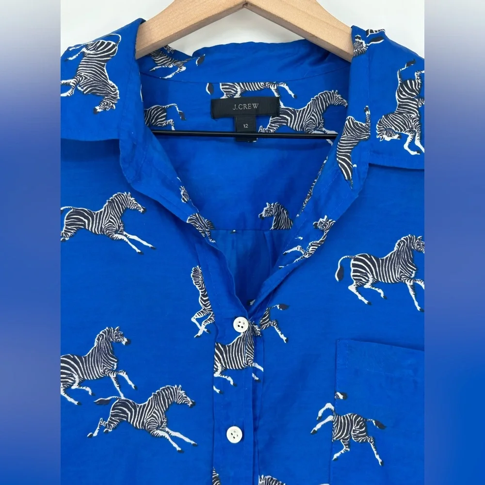 J.Crew Zebra Print Button Up Shirt |Cobalt Blue | Size 12 | Silk Blend - Picture 8 of 11